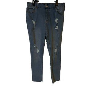 BoohooMAN Mens Jeans Size 40 Skinny Raw Hem Distressed Button Fly Blue Mzz33842